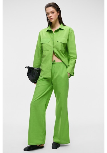 RIGO Kadın Gömlek Yaka Uzun Kol Regular Uzun İnce Yeşil Gömlek