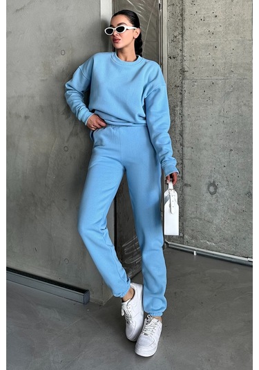 Modagen Unisex Bebe Mavi Bisiklet Yaka Düz Oversize Alt-üst Eşofman Takımı Bebe Mavi