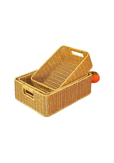 Morponi 3'lü Rattan Dekoratif Rustik Çok Amaçlı Sepet - Organizer Sarı