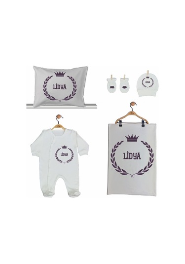 Pia Baby Gl 2006 İsme Özel Taçlı Beşli Tulum Set Krem