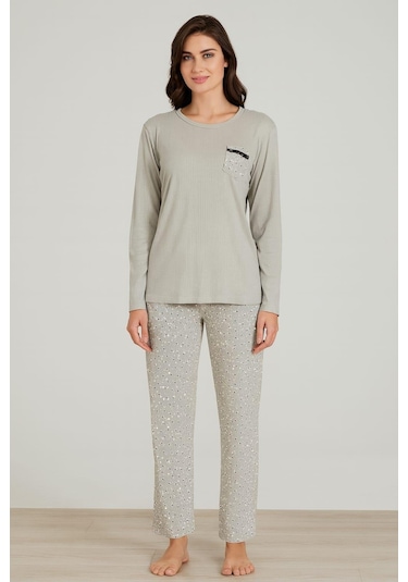 Kadın 06028 Raporlu İnterlok Uzun Kol Pijamatakımı Yeşil Yeşil