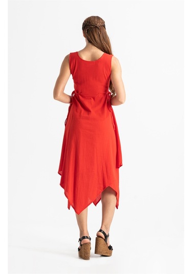 Kolsuz Şile Bezi Üçgen Katlı Midi Boy Yazlık Elbise Kırmızı Krmz-kırmızı