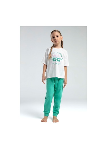 Toontoy Kız Çocuk Önü Baskılı Pijama Takım 14098 Yeşil