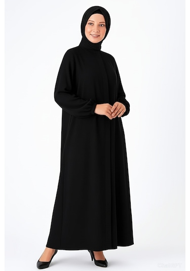 Medine İpeği Mevlana Kesim Cepli Kuşaklı Bol Ferace 4000-siyah Siyah