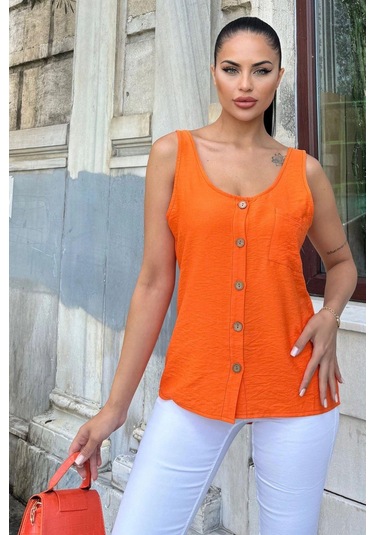 Kadın Turuncu Yuvarlak Yaka Ve Düğme Detaylı, Kalın Askılı Keten Atlet Bluz Turuncu