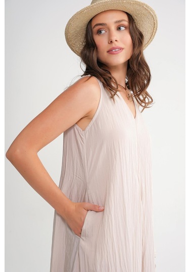 4700 Kadın V Yaka Önü Pileli Elbise Taş Taş