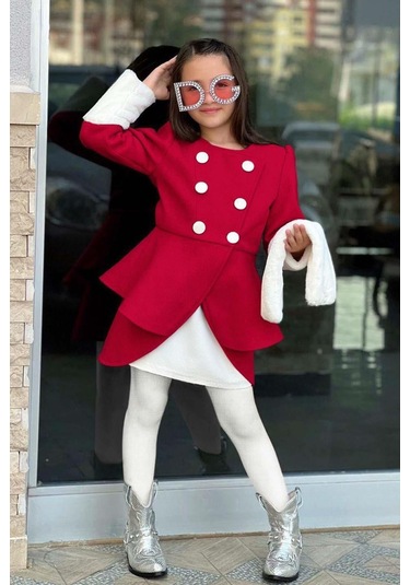 Riccotarz Kız Çocuk Kol Uçları Peluş Detaylı Kırmızı Kaşe Kabanlı Takım Kırmızı