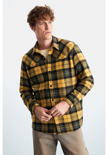 Allenı Erkek Pamuk Gömlek Yaka Relaxed Oduncu Safran Sarı Gömlek