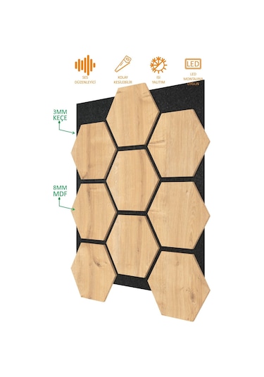 Ahşap Altıgen Petek Akustik Duvar Kaplama Paneli Mdf 68x56cm Safir Meşe