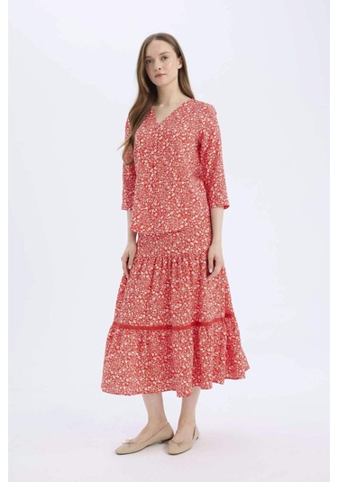 DeFacto Regular Fit Çiçek Desenli Esnek Belli Kiloş Midi Etek E5958AX25SPRD87