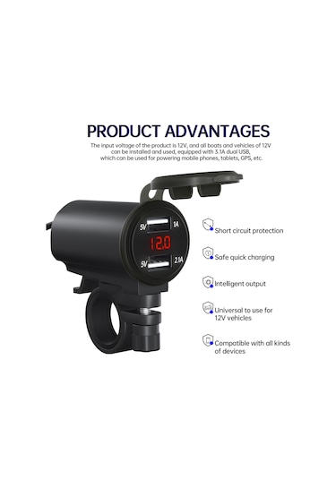 Springsun Siyah Ip65 Su Geçirmez 3.1a Çift Usb Şarj Cihazı, Voltmetre Ve M1 Anahtar Tutucu, 12v Dc Giriş, Kırmızı Işık, Abs Malzeme