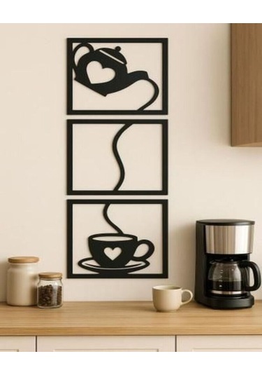 Dekoratif Çaydanlık Ve Fincan Temalı 3 Lü Ahşap Duvar Tablosu İç Dekorasyon