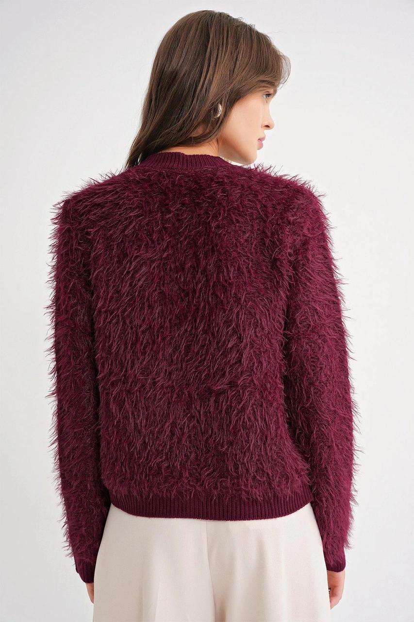 6897 Kadın Uzun Sakallı Bant Detaylı Triko Hırka Bordo Bordo