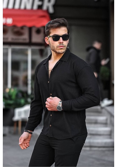 Tex Republic Erkek Siyah Fitilli Ottoman Gömlek Siyah