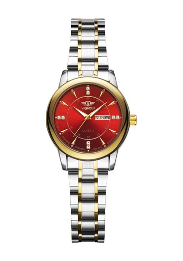 Yashıdun 5063 Çelik Kayış Şık Çift Kuvars İzle Aydınlık Takvim Bilek Saati - Kırmızı Kadran / Gümüş+altın Kayış / Kadın