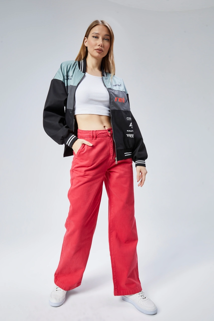 Kadın Oversize Baskılı Motorcu Yarışçı Montu Kolej Ceketi Mint Yeşili