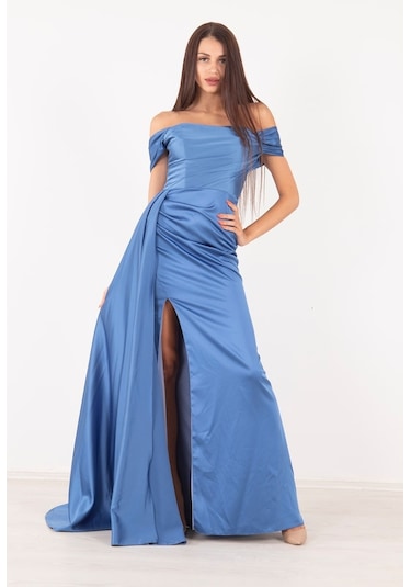 Belamore Indigo Drape Detaylı Saten Kumaş Abiye 9704858.98