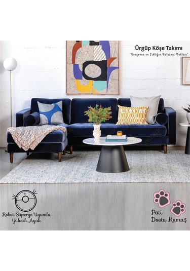 Ürgüp Modern Köşe Koltuk Takımı - Lacivert - Sol Köşe - Baby Face Yumuşak Kumaş Lacivert