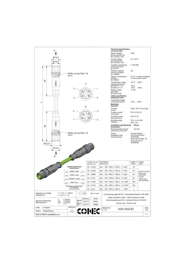 M12 Erkek-erkek D-kod / Code Profinet Kablo 15 Metre / 43-21333