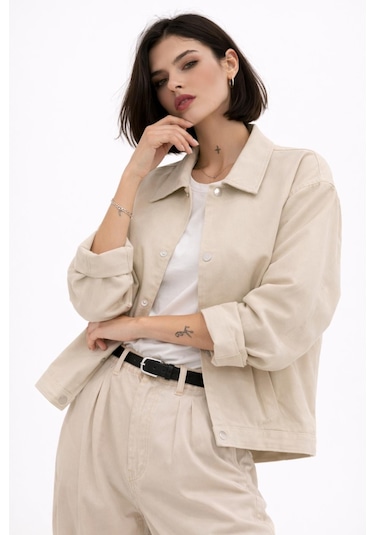 Kadın Oversize Basic Gabardin Mevsimlik Polo Yaka Ceket-385 Taş