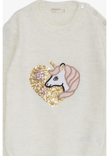 Breeze Kız Çocuk Triko Kazak Pullu Unicorn Baskılı 1.5-5 Yaş, Ekru