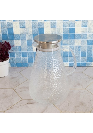 Kapris Metal Kapaklı Kabartma Desenli Cam Sürahi Sa6855