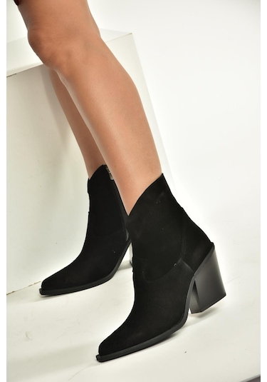 Fox Shoes V654081902 Siyah Hakiki Deri Süet Kalın Topuklu Western Kovboy Kadın Bot Siyah