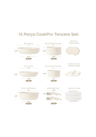 Cookpro Beige 15 Parça Ayrılabilen Saplı Iç Içe Geçebilen Indüksiyonlu Seramik Kaplama Tencere Seti Beıge Bej