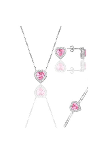 Gümüş Rodyumlu Pembe Taşlı Pırlanta Modeli Kalp Kolye, Küpe, Bileklik Üçlü Set