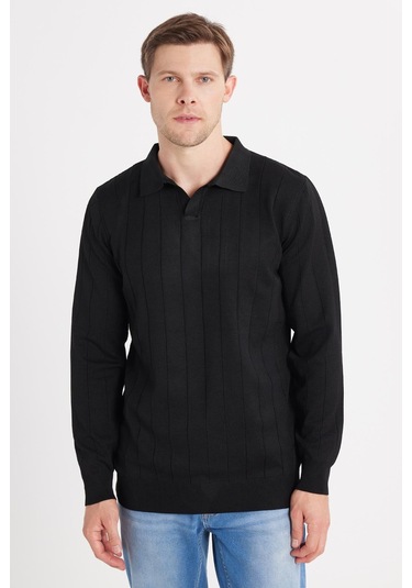 Erkek Slim Fit Dar Kesim Uzun Kol Polo Yaka Çizgili Siyah Kazak-35794 Siyah
