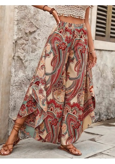 Modaserdem Kadın Yüksek Bel Beli Lastikli Desenli Geniş Paçalı Süprem Pantolon Çok Renkli