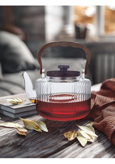 Morponi Borosilikat Cam Akasya Saplı Çizgili Demlik 1200 Ml 401373 Şeffaf