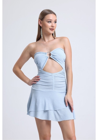 Buz Mavisi Önden Halkalı Bel Kısmı Açık Cift Kat Kloş Etekli Party Elbisesi Buz Mavisi