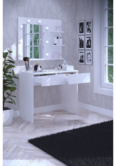 Tokyo Kulis Işıklı Aynalı Tabureli Çekmeceli Makyaj Masası Beyaz