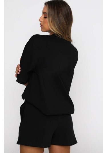 Kelebek T-shirt Şort - Siyah Alt Üst Kombin Şort Tişört Takım Baskılı Oversize Bisiklet Yaka Siyah