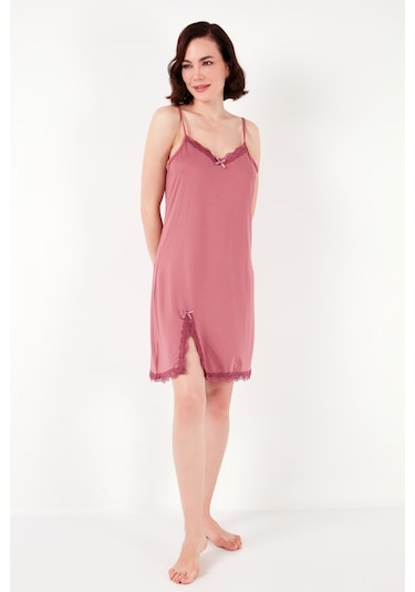 Lela Dantel Detaylı Yırtmaçlı Sabahlıklı Bayan Gecelik 6097580 Gül Kurusu