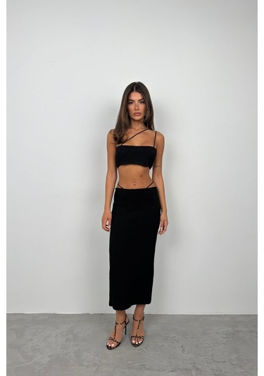 İp Detay Dokulu Maxi Etek Siyah