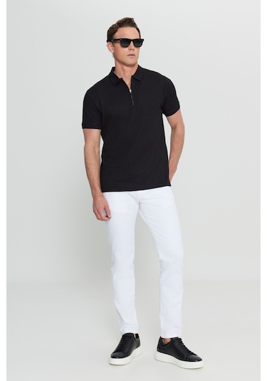 Erkek Sıyah Pamuklu Slim Fit Dar Kesim Fermuarlı Yaka Jakarlı Esnek Tişört Siyah