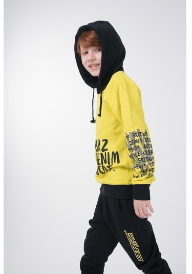 Brz Kids Baskılı Erkek Çocuk Kapüşonlu Sweatshirt Hoodie Sarı