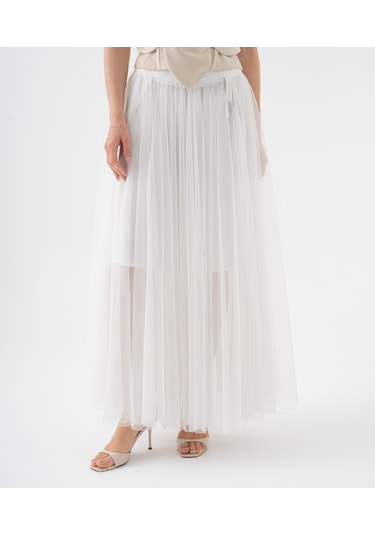 Tül Katmanlı Uzun Şifon Etek Ekru