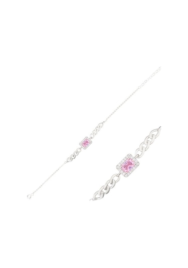 925 Ayar Gümüş Pembe Taşlı Baget Takı Seti Zincir Detay