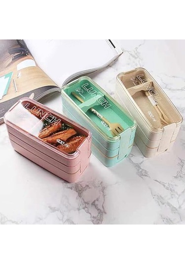 Xurunkeji Taşınabilir Bento Kutusu, 3 Katmanlı Öğle Yemeği Kutusu, 900 Ml Buğday Samanı Yemek Takımı Gıda Saklama Kabı Yeşil Yeşil