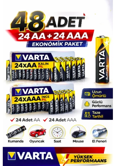 Aa + Aaa Pil 48'lı Set 24 Aa + 24 Aaa 1.5v Ekonomik Toplu Paket Çinko Karbon