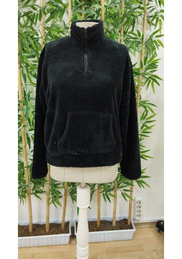 Ahes Shopping Kadın Uzun Kollu Önden Fermuarlı Cepli Peluş Sweat Siyah