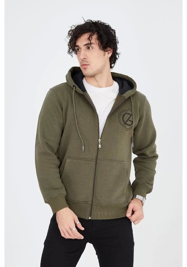 Erkek Kapüşonlu Baskılı Fermuarlı Hırka - Yeşil Yeşil