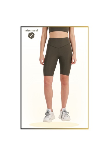 Kadın Haki Yüksek Bel Toparlayıcı Kısa Spor Tayt Biker Şort Basics Casual & Comfort 1070 Haki