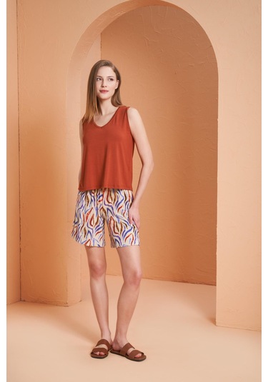 Pjs Kadın Desenli Kiremit V Yaka Sıfır Kol Şortlu Pijama Takım Kremit