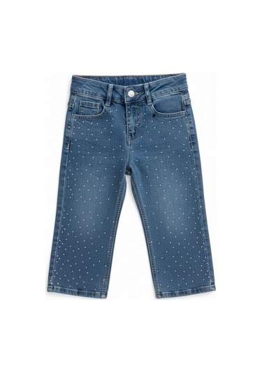 Zekids Kız Çocuk Taş İşlemeli Geniş Paçalı Mavi Kot Pantolon-16613 Mavi