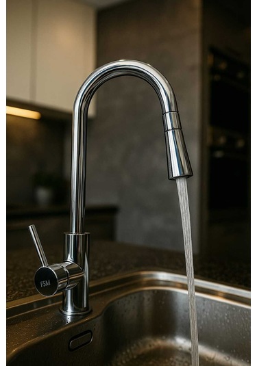 Rudi Armatür Fsm Spiral Uçlu Çekilebilir Mutfak Bataryası- Paslanmaz Krom Gövde Gri