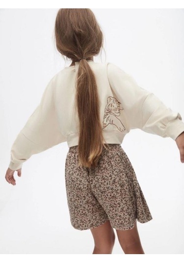 Kız Çocuk Pamuklu Orta Kalınlık Crop Sweatshirt-14713 KREM